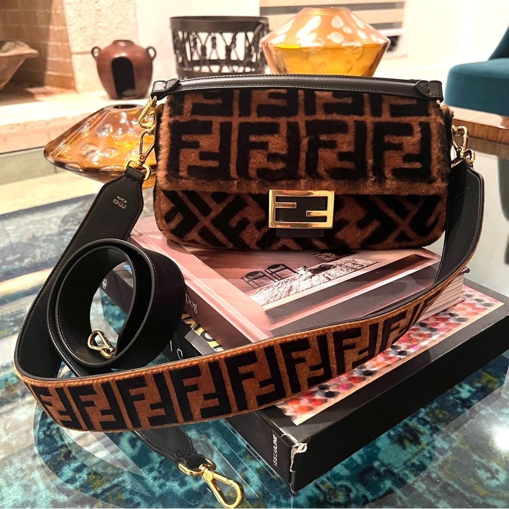 FENDI Brown Zucca Baguette Sheepskin Fur Bag + FENDI FF Zucca Velvet Bag Strap